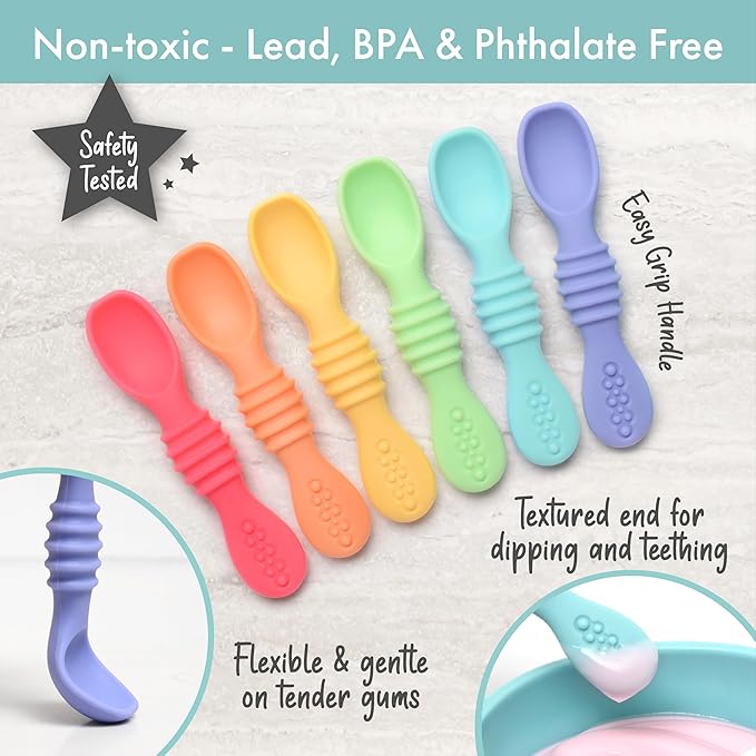 PrimaStella Silicone Chew Spoon Set for Babies and Toddlers | Safety Tested | BPA Free | Microwave, Dishwasher and Freezer Safe (Summer Rainbow Chew Spoon)