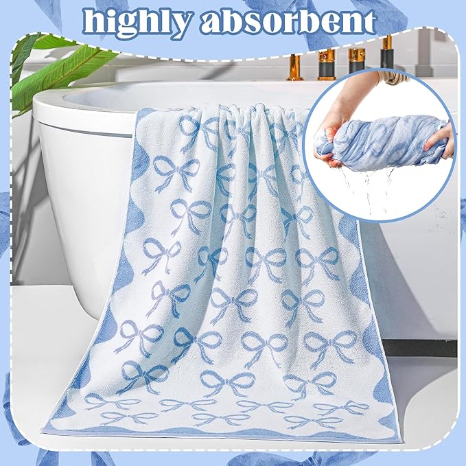 2 Pcs Blue Bow Bathroom Towels 100% Cotton Coquette Bow Bath Towels 28 x 55 Inch Absorbent Soft Preppy Bathroom Decor for Spa Gym Kitchen Women Gifts