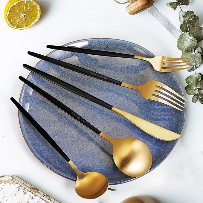 Gold Silverware Set for 8, MIKIWAY Matte Gold With Black Handle Flatware Set, 40 Pieces Stainless Steel Cutlery Tableware Set, Kitchen Utensils Set Include Spoons And Forks Set, Dishwasher Safe