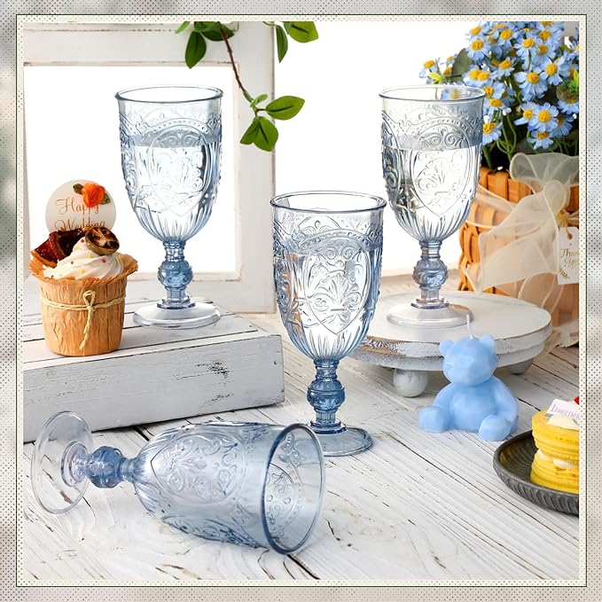 100 Pcs Plastic Goblets 7.5oz Vintage Goblet Plastic Wine Glasses Colored Retro Embossed Water Goblets for Wine Bar Juice Baby Shower Wedding Reception Grand Event Party (Blue)