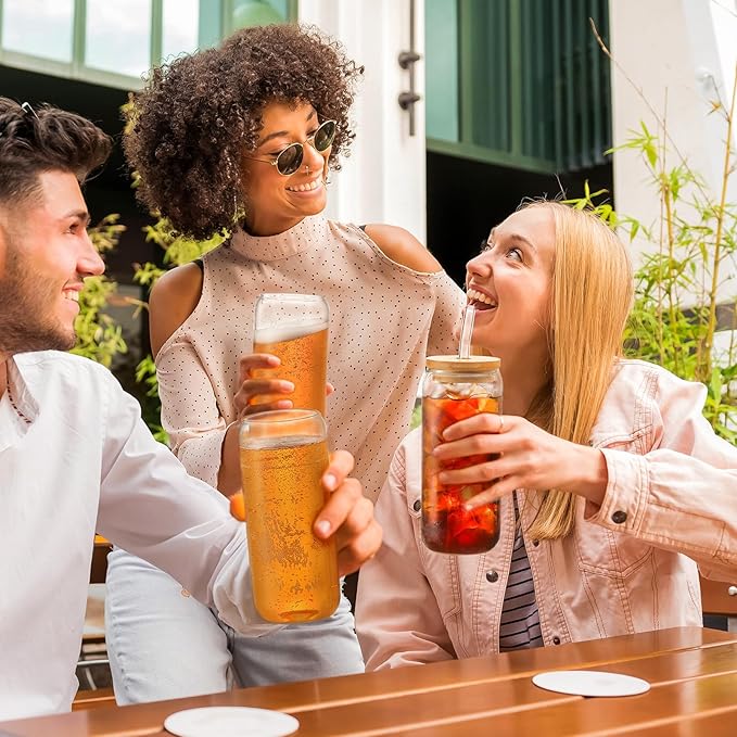 VITEVER 20 OZ Glass Cups with Bamboo Lids and Glass Straw - Beer Shaped Drinking Glasses Set, Iced Coffee Glasses, Cute Tumbler Cup, Aesthetic Coffee Bar Accessories, Gift - 2 Pack