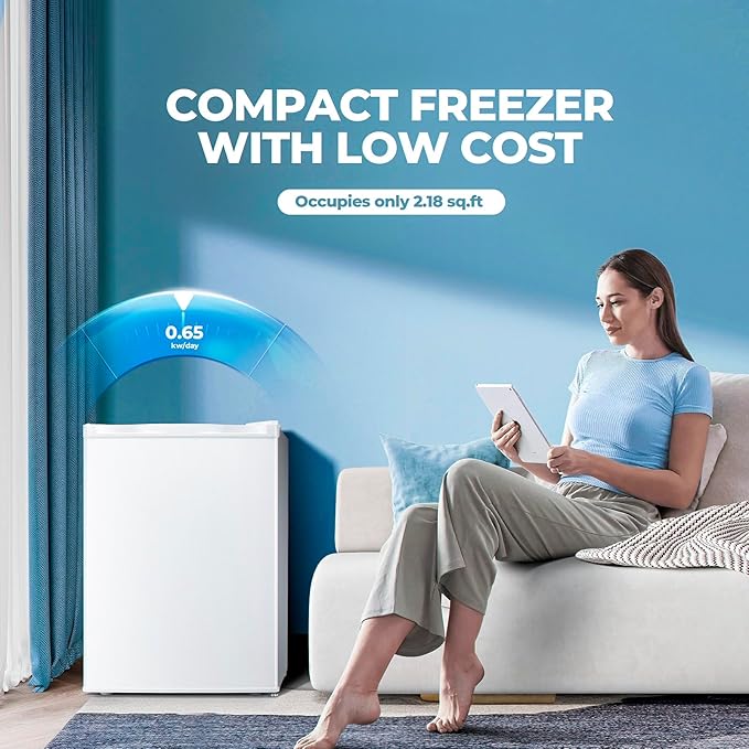 2.2 Cu.ft Upright Freezer, Small Mini Freezer with Adjustable Thermostat, Removable Shelves, Reversible Single Door, for Bedroom/Home/Dorms/Apartment (White)