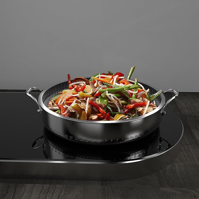 316L Stainless Steel 8QT Frying Pan Hex Nonstick Wok with Lid, Two Handle to Hold, PFOA Free, Dishwasher Oven Safe (8QT)