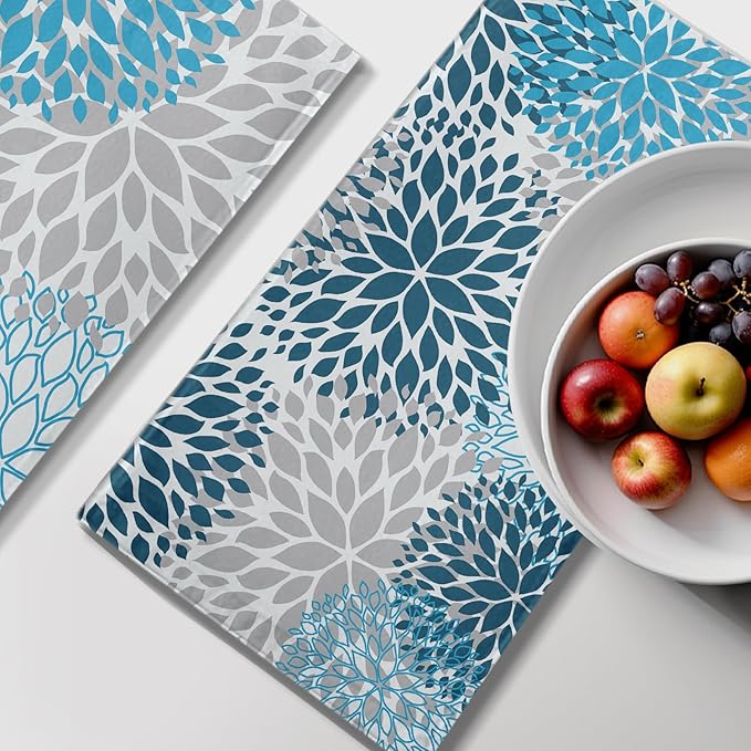 Blue Gray Dahlia Flowers Hand Towels Navy Floral Kitchen Towel Soft Decorative Dish Towels Absorbent Durable Tea Towel Set for Bathroom Kitchen Decor Hotel