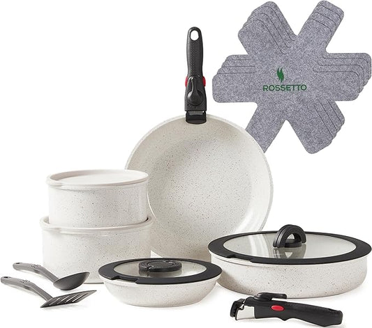 ROSSETTO 17pcs Pots and Pans Set Non Stick from France, Ceramic Cookware Set with Removable Handle, Induction RV Kitchen Cookware Set, Stackable, PFOA and PFAS Free, Oven Safe