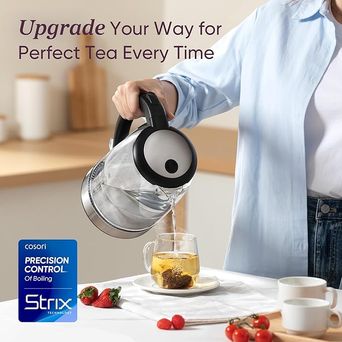 Cosori Electric Kettle, No Plastic Filter & Spout, 1.8Qt Tea Kettle & Hot Water Boiler For Coffee & Tea, Water Heater & Teapot, Automatic Shut Off, Borosilicate glass, Black, 1500W