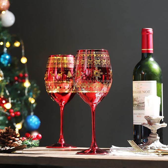 Joeyan Christmas Wine Glasses with Stem, 19.5 oz Large Burgundy Wine Glasses, Red Handmade Wine Glass Tumblers, Xmas Tree Elk and Snowflake Patterned, Set of 2, Great for Christmas and Gifts