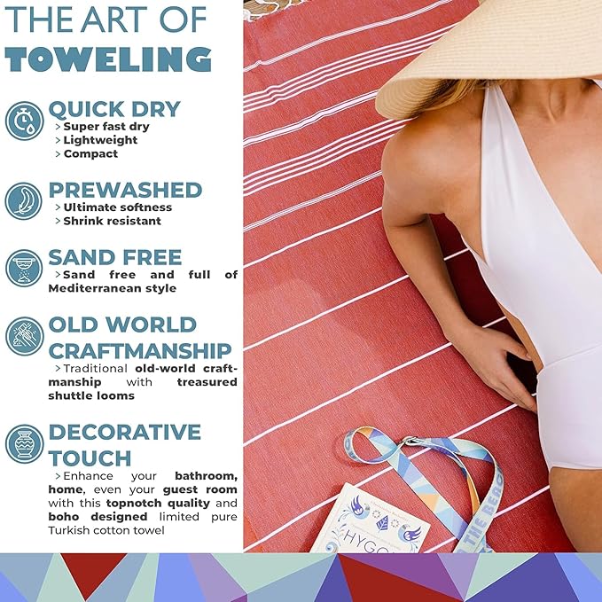 Madamelique Turkish Beach Towel Oversized - 39 x 74 - Quick Dry - Sand Free - Extra Large - Prewashed Beach Towels Beach Essentials - Travel Towel (Mediterranean Without Bag, Red)