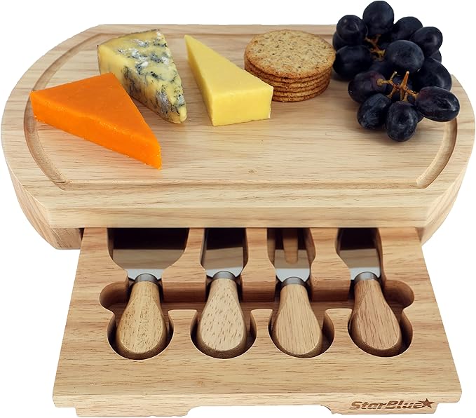 Cheese Board Set by StarBlue - Large - with 4 Knives and Slide Out Drawer | Large Oak Wooden Cheese and Platter Cutting Serving Plate Tray | Best for Housewarming and Birthday Gift
