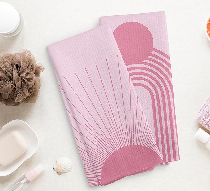 Pink Abstract Sunrise Kitchen Towels Set of 2, Bohemian Sun Hand Towels, Preppy Kitchen Towels, Sunshine Gifts, Pink Moon Drying Cloth Hand Towels for Girls Bathroom Kitchen Decor, 16×24 Inches