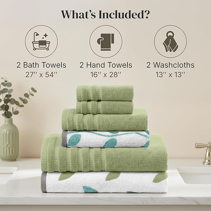 Modern Threads Organic Vines 6-Piece 100% Cotton Towel Set – Yarn Dyed Jacquard & Solid – Includes 2 Bath Towels, 2 Hand Towels, 2 Washcloths – Absorbent, Quick Dry, Soft & Durable – Sage Green