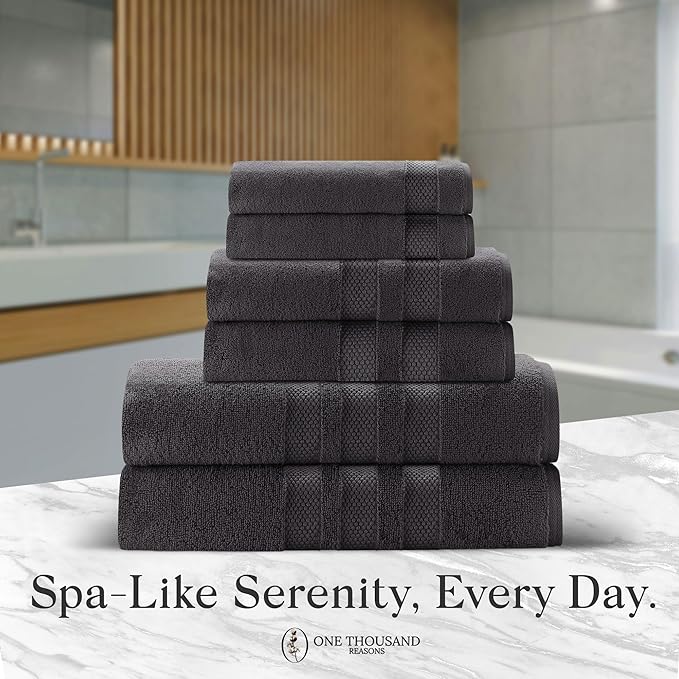 Premium Staple Cotton Bathroom Towel Set - Dark Gray 600 GSM 6-Piece Luxury Bath Towel Set 3 Stripe - 2 Bath Towels, 2 Hand Towels & 2 Washclothes Set - High Absorbent & Quick Dry for Gym, Spa, Hotel