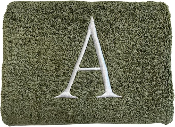 Sage Initial Hand Towel for Bathroom - Monogrammed Luxury Hotel Quality Decorative Embroidered Towel for Powder Room, Spa - GOTS Organic Certified - Set of 2 Letter A