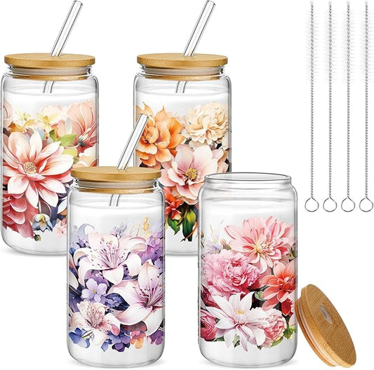 Mumufy 4 Pcs Gift for Women Bloom Floral Elegant Glass Cup Tumbler Blooming Garden 16 oz Iced Coffee Glass with Bamboo Lid & Straw, Mothers Day Birthday Gift for Mom Sister Bridesmaid Baby Shower