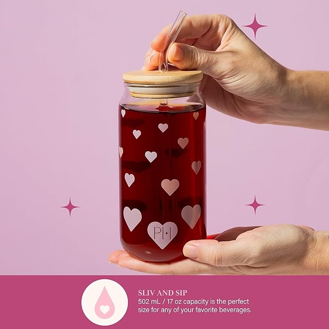 Paris Hilton Glass Tumblers Set with Iconic Decals, Includes Bamboo Lids, Reusable Glass Straws and Cleaning Brushes, Perfect for Iced Coffee, Water, and Cocktails, 2-Piece Set, 17-Ounce