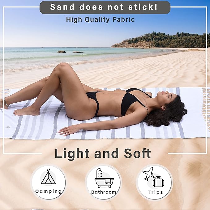 Turkish Beach Towel - Cotton Bathroom Towels Highly-Absorbent Quick Dry Bath Towels 37 x 70 inch Beach Towels Sand-Free Turkish Bath Towel Multipurpose Yoga Towel Beach Blanket (White)