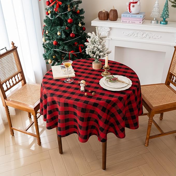 Christmas Gingham Tablecloth Heavy Duty Cotton Blend Red 60 inch Round Christmas Table Cloth Reusable Waterproof Foldable Tablecloths Xmas Table Cover for New Year Party Decor