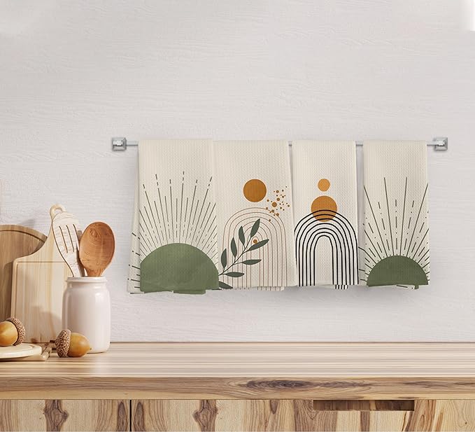 Boho Abstract Sage Green Sunshine Kitchen Towels and Dishcloths Set of 4, Boho Mid Century Modern Abstract Minimalist Sunshine Drying Cloth Hand Dish Tea Towels for Bathroom Kitchen, 16x24 Inches
