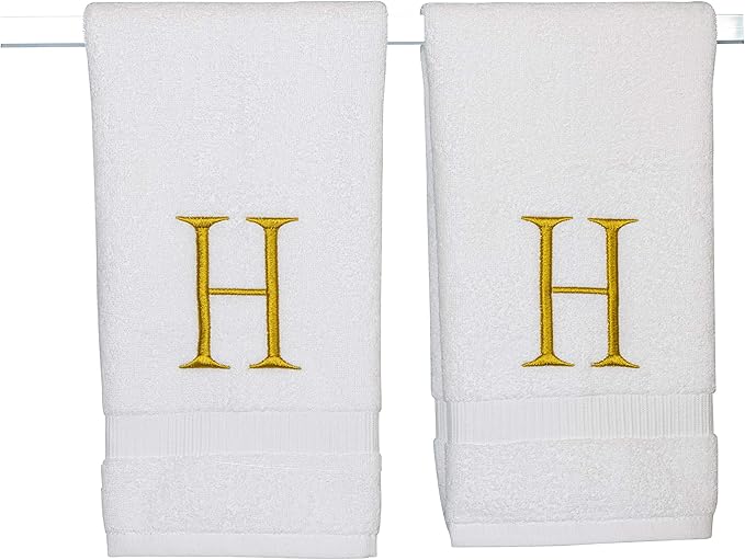Monogrammed Hand Towels for Bathroom - Luxury Hotel Quality Personalized Initial Decorative Embroidered Bath Towel for Powder Room, Spa - GOTS Organic Certified - Set of 2 Gold Letter H