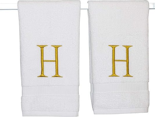 Monogrammed Hand Towels for Bathroom - Luxury Hotel Quality Personalized Initial Decorative Embroidered Bath Towel for Powder Room, Spa - GOTS Organic Certified - Set of 2 Gold Letter H