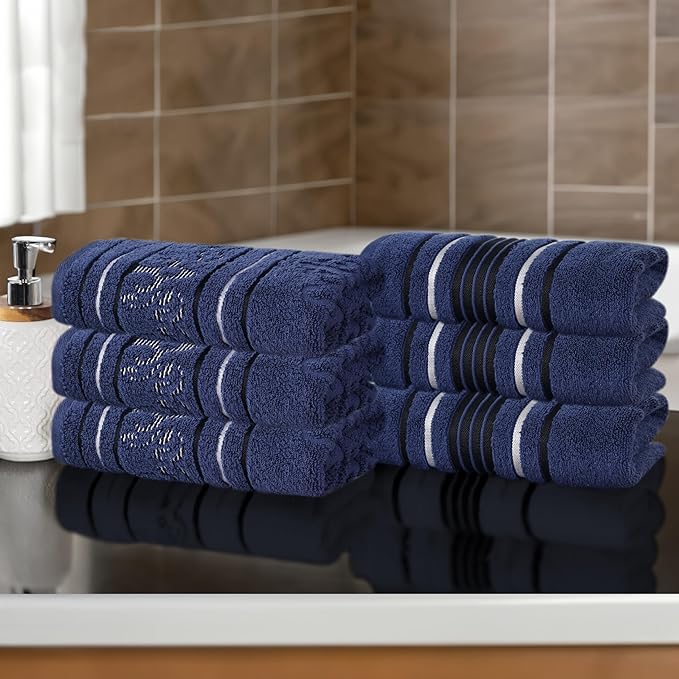 Superior Cotton Hand Towel Set, Small Towels, Plush Soft Absorbent Bathroom Basics, Home Essentials, Spa, Salon, Hotel, Kitchen, Luxury Quick Drying, Zero Twist Assorted Floral Set of 6, Navy Blue