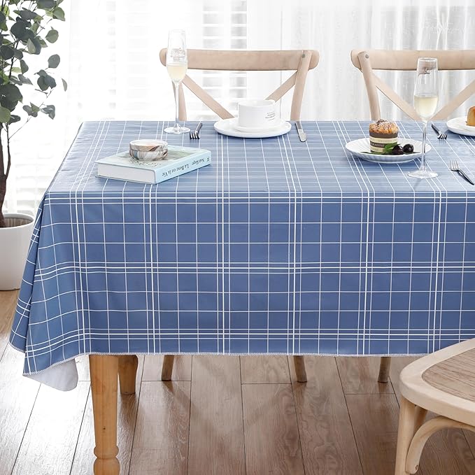 Walrus Heavy Duty Vinyl Tablecloth with Flannel Backing Waterproof Oil-Proof Plastic Table Cloth Stain-Resistant Wipeable Rectangle or Square Table Cover for Indoor and Outdoor (Blue Grid,60x84 Inch)