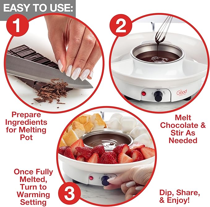 Electric Fondue Maker Deluxe Set w 4 Forks- Removable Serving Tray for Cheese & Chocolate Melting, Warming Setting- XMAS Candy Bar Melter, Holiday Party Must Have- Appetizers Desserts- Gift for Host