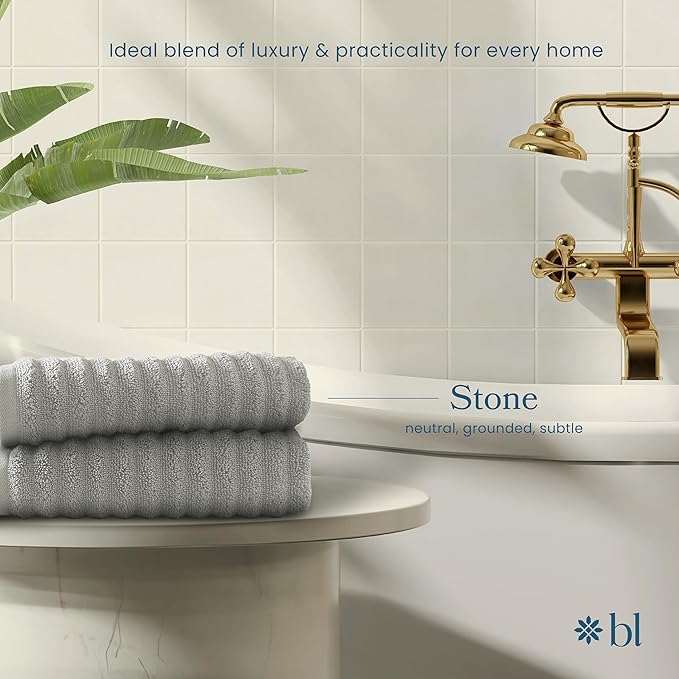 Blue Loom Ribbed Hand 2 Towels Set, 100% Cotton 600GSM, Soft Absorbent Durable Quick Drying for Bathroom - Mason 2 Piece 18" x 30" - Stone