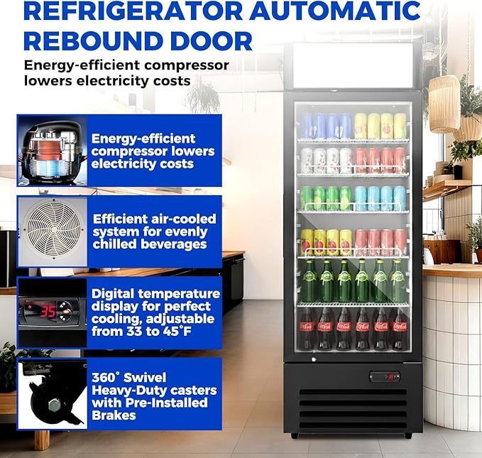16.5 cu.ft Commercial Refrigerators with 1 Glass Door, Beverage Fridge with LED Light Display Upright Merchandiser, Drink Cooler with 5 Adjustable Shelves Black ETL Approved