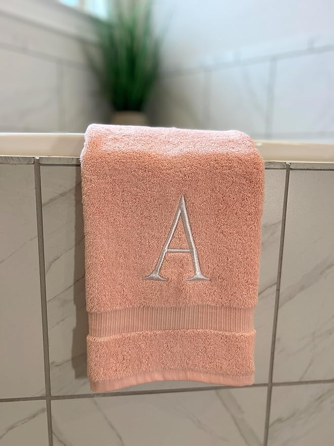 Pink Initial Hand Towel for Bathroom - Monogrammed Luxury Hotel Quality Decorative Embroidered Towel for Powder Room, Spa - GOTS Organic Certified - Set of 2 Letter L