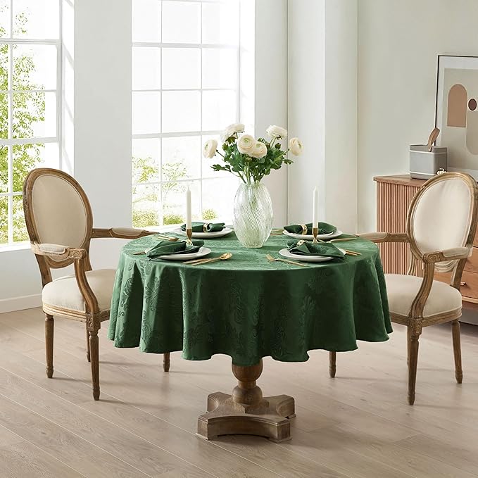 Newbridge Christmas Barcelona Damask Fabric Tablecloth, 70 Inch Round, Hunter Green – No Iron, Soil Resistant Table Cover for Dining, Parties and Holidays