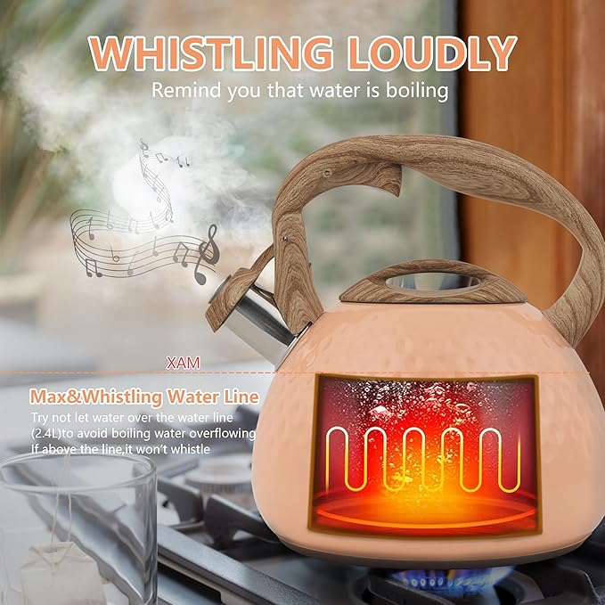 harriet Tea Kettle, Tea Pot for Stovetop, 2.5QT Whistling Kettle with 5-Layers bottom, Food Grade Stainless Steel Kettles with Hot-Resistant Handle Gas Electric Applicable, Peach