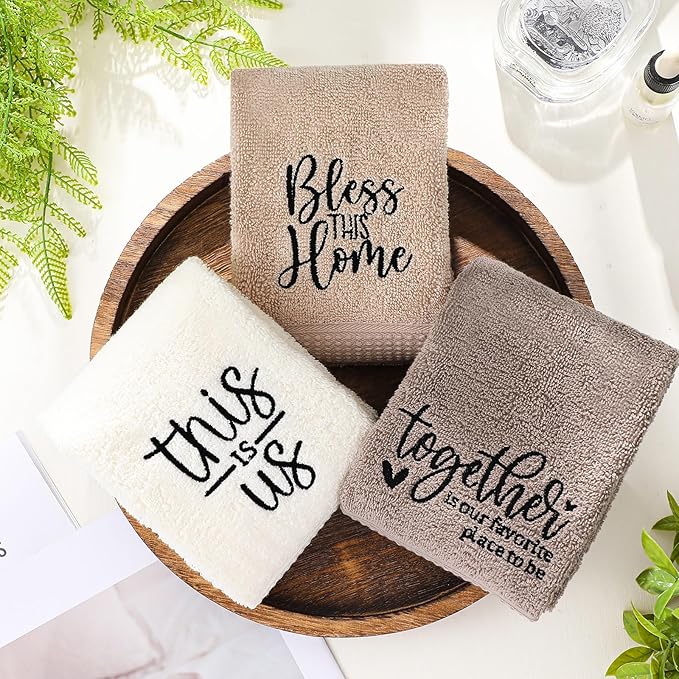 3 Pcs Farmhouse Decorative Hand Towels for Bathroom and Kitchen Rustic Embroidered 100% Cotton Hand Towels Decorative Set for Boho Bathroom Decor(Brown, Inspirational Language)