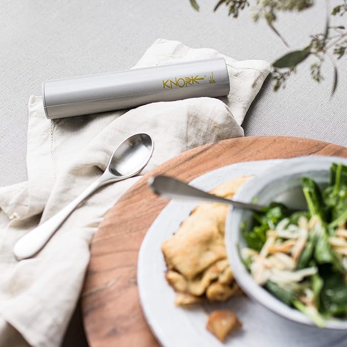 Knork Original Stainless Salad Fork and Teaspoon Travel Lunch Set, 2 Piece Utensil Plus Eco Astrik Case, Silver