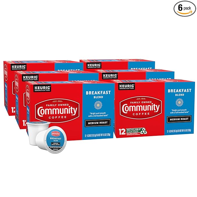 Community Coffee Breakfast Blend 72 Count Coffee Pods, Medium Roast, Compatible with Keurig 2.0 K-Cup Brewers, 12 Count (Pack of 6)