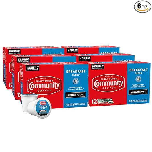Community Coffee Breakfast Blend 72 Count Coffee Pods, Medium Roast, Compatible with Keurig 2.0 K-Cup Brewers, 12 Count (Pack of 6)