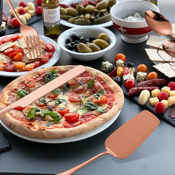 Copper Serving Utensils Set - Rose Gold Stainless Steel Flatware Set 11- Pieces Cake Knife Serving Fork Spoon Skimmer Pasta Ladle Spatula Perfect for Home Kitchen and Special Occasions