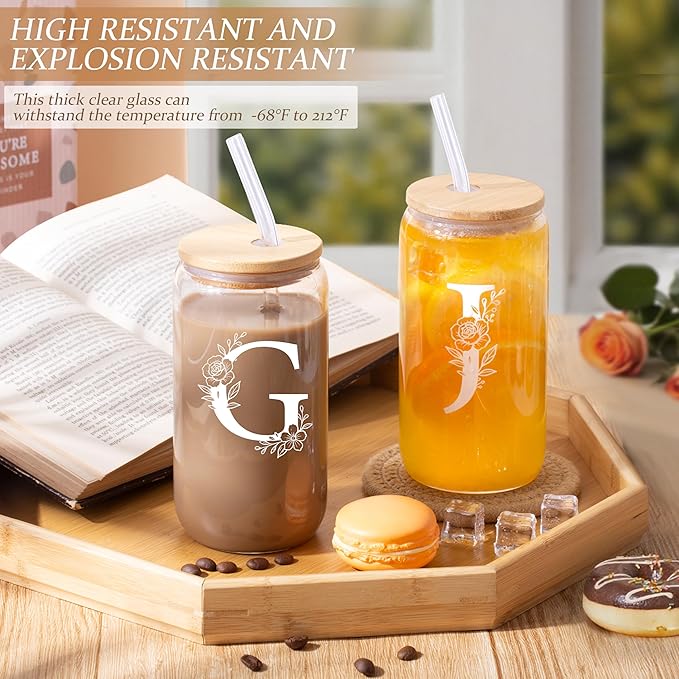 Personalized Gifts for Women, Monogrammed Gifts for Women, Initial 16 oz Glass Cups With Lids and Straws, Customized Mug, Personalized Birthday Gifts Christmas Gifts for Her Mom Friend Woman, G