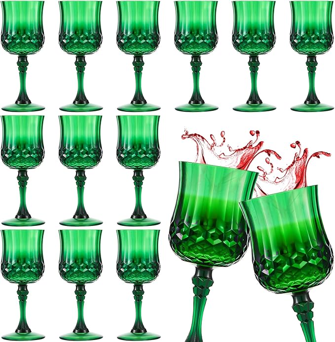 Pinkunn 12 Pcs 7 oz Plastic Vintage Wine Glasses Reusable Colored Goblets Patterned Drinking Water Glasses Cup Dishwasher Safe for Christmas Wedding Reception Party Supplies (Green)