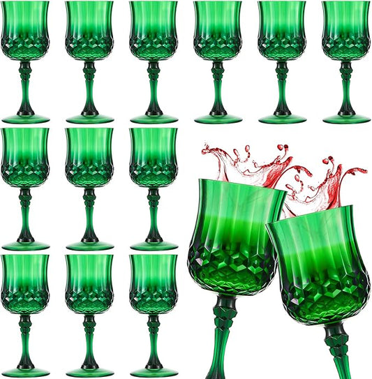 Pinkunn 12 Pcs 7 oz Plastic Vintage Wine Glasses Reusable Colored Goblets Patterned Drinking Water Glasses Cup Dishwasher Safe for Christmas Wedding Reception Party Supplies (Green)