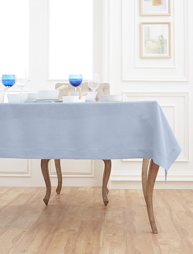Solino Home Linen Tablecloth 60 x 90 Inch - Classic Hemstitch 100% Pure Linen Sky Blue Table Cloth for Rectangle Tables - Machine Washable Tablecloth for Holiday, New Year