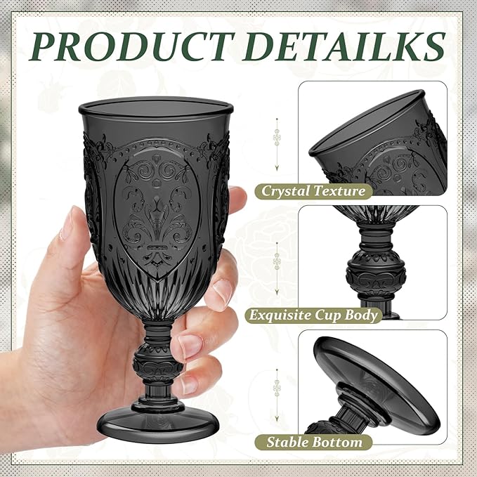24 Pcs Plastic Goblets 7.5oz Vintage Goblet Plastic Wine Glasses Colored Retro Embossed Water Goblets for Wine Bar Juice Baby Shower Wedding Reception Grand Event Party (Black)