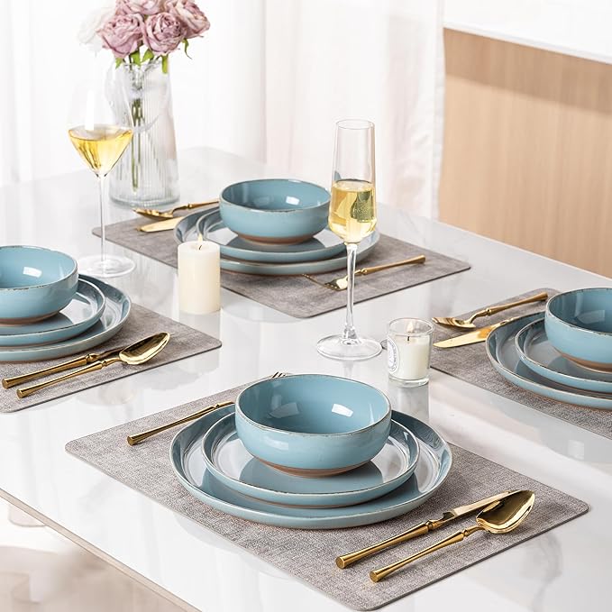 AmorArc Ceramic Dinnerware Sets for 4, 12 Pieces Handpainted Plates and Bowls Set with Rustic Terracotta Underside, Scratch Resistant Stoneware Dishes Set, Dishwasher & Microwave Safe