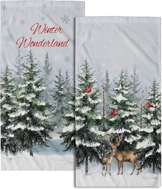 Imiss Winter Pine Tree Hand Towels for Bathroom 2 Packs Deer Forest Woodland Snowflake Bath Towels Xmas Bird Kitchen Tea Dish Towels for Seasonal Holiday Hotel Decor