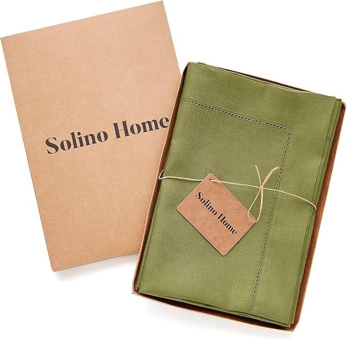 Solino Home Linen Napkins Set of 4 - Classic Hemstitch 100% Pure Linen Avocado Green Dinner Napkins Cloth 20 x 20 Inch for Winter - Handcrafted and Machine Washable