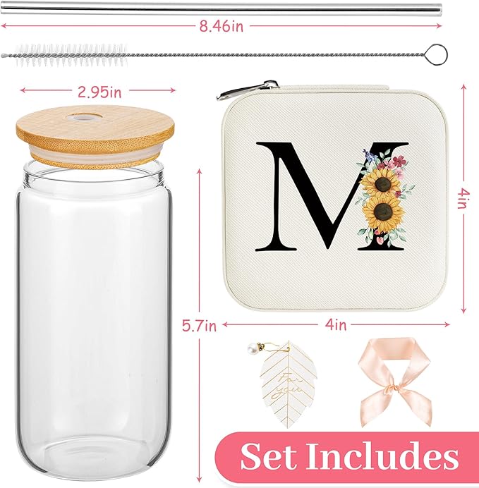 AYGXU teen girl gifts trendy stuff,Jewelry Box Organizer,Travel Initial Jewelry Box for Girls,16oz glass cups with bamboo lids,aesthetic glass cup,Travel Essentials,Initial M white