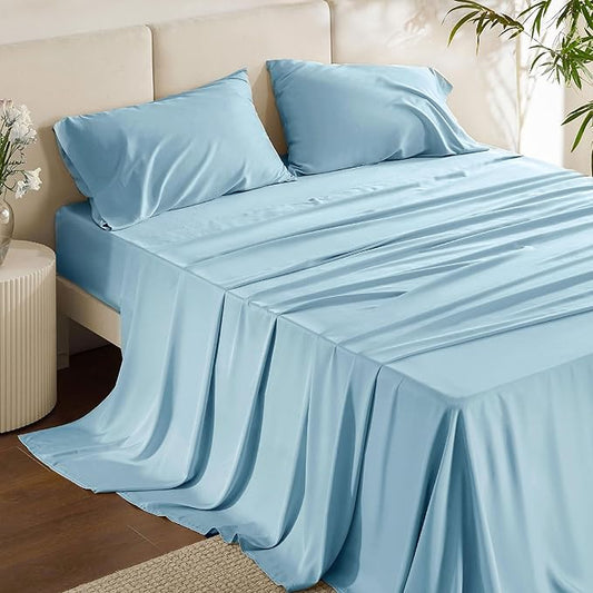 Bedsure King Size Sheets Set, Cooling Sheets for Hot Sleepers, Rayon Derived from Bamboo, Breathable & Soft, Deep Pocket Up to 16 Inches, Hotel Luxury Silky Bedding, Aqua