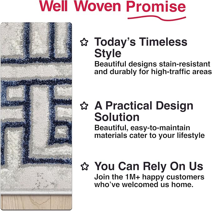 Well Woven Lezlee Abstract Modern 2' x 3' Area Rug - Blue Marble Border - for Entryway, Office, Accent