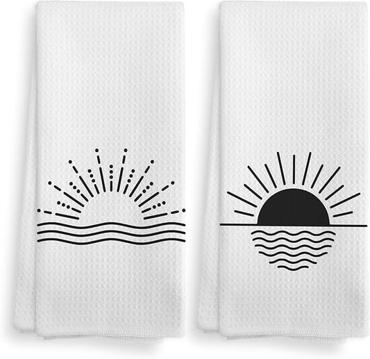 Minimalist Boho Black Sun Sunrise Sunray Sunburst Ocean Wave Sea Horizon Kitchen Towels and Dishcloths Sets of 2,Boho Absorbent Drying Cloth Hand Towels Tea Towels for Bathroom Kitchen,16×24 inches