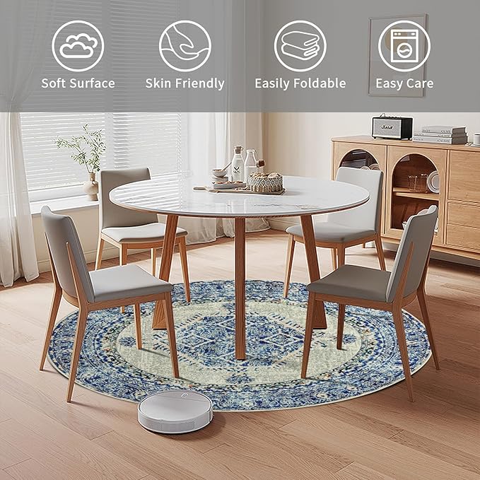 Easy-Going Round Area Rug 3ft Washable Boho Small Circle Rugs for Living Room Non-Slip Bedroom Rug Low Pile Lightweight Vintage Distressed Throw Rug for Dining Room Kitchen Home Office, Blue Cream